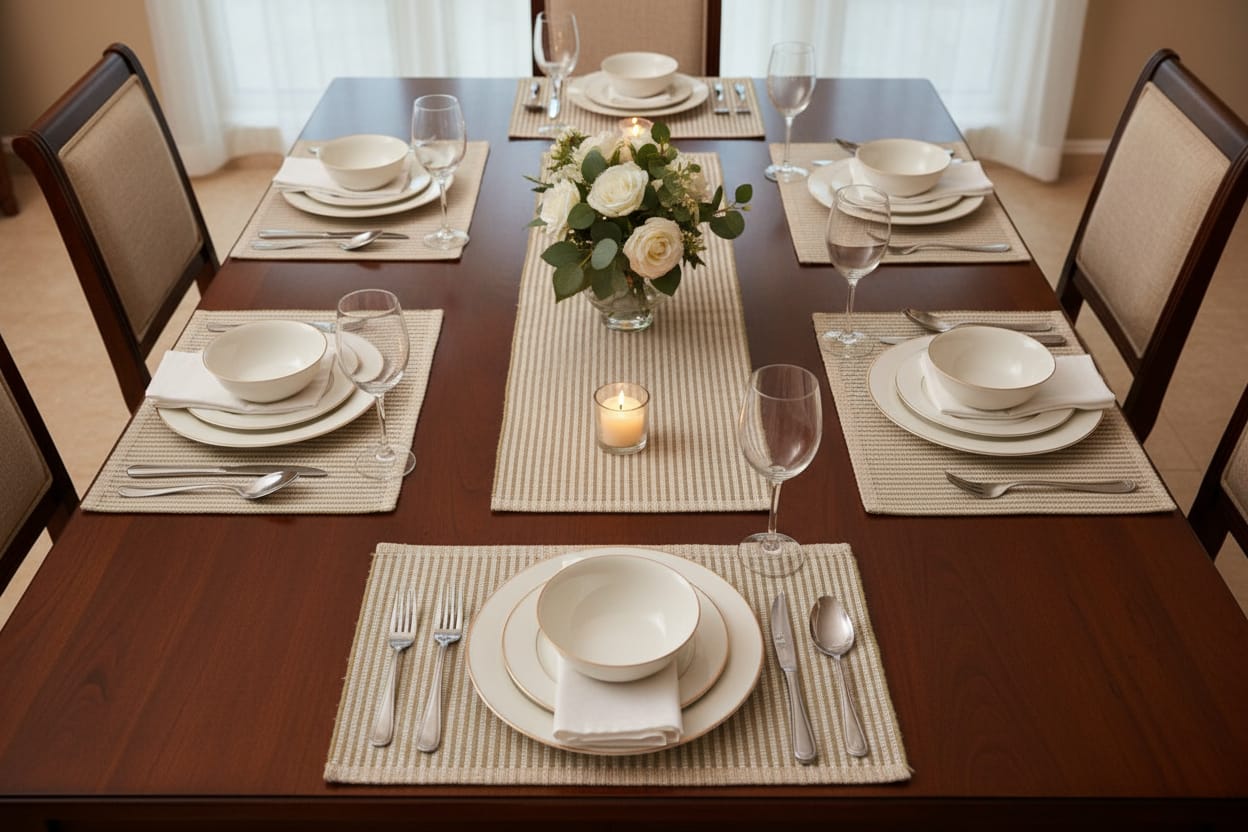 Hindloom oat weave cotton table mats on a dark wood dining table