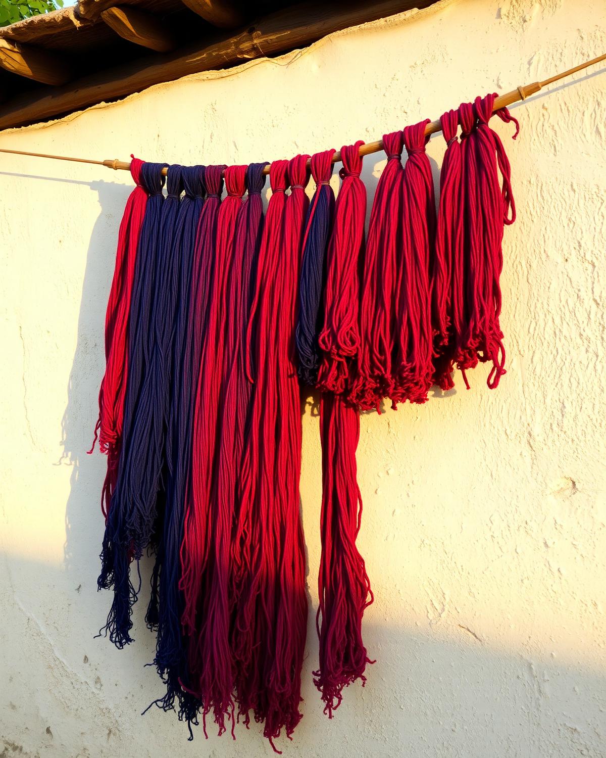 Dyed cotton skeins drying on a wall
