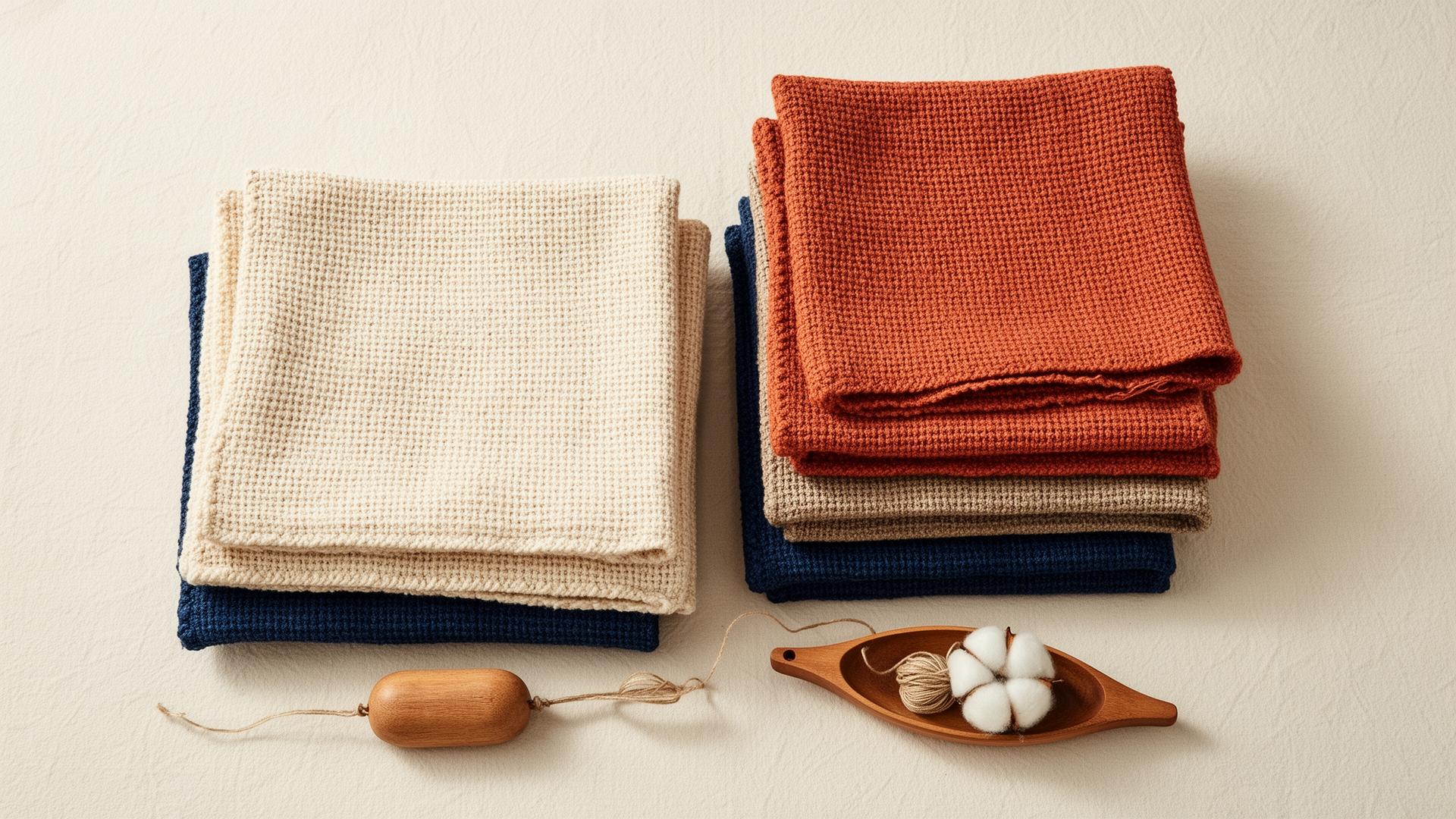 Folded handwoven cotton table mats stacked on cream paper