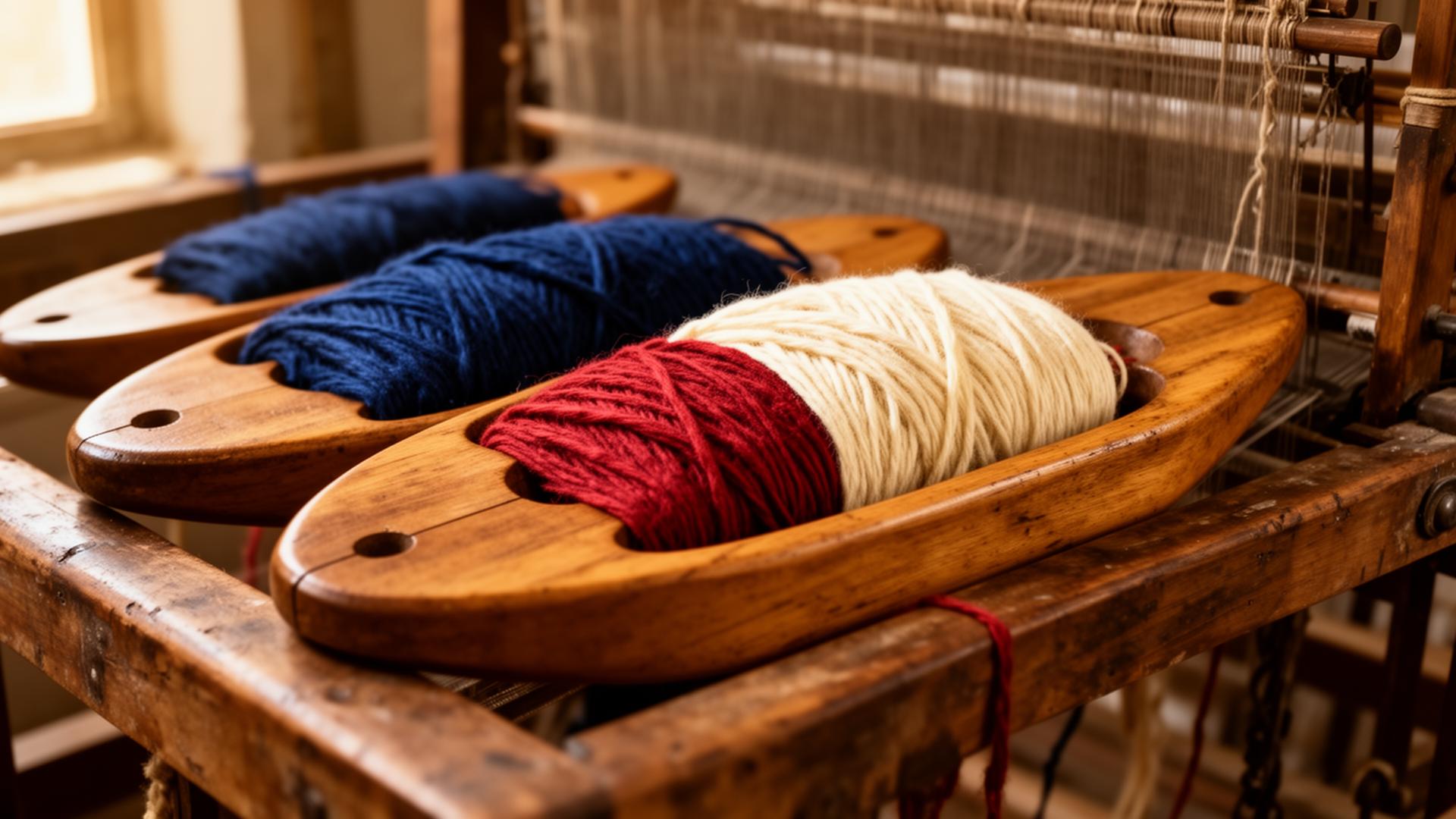 Wooden weaving shuttles wrapped with dyed cotton thread