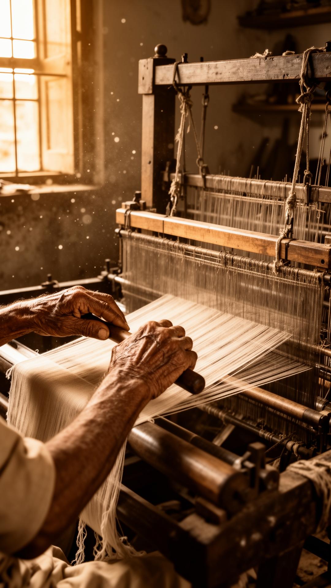 Aged hands of a master weaver at a wooden Panipat handloom