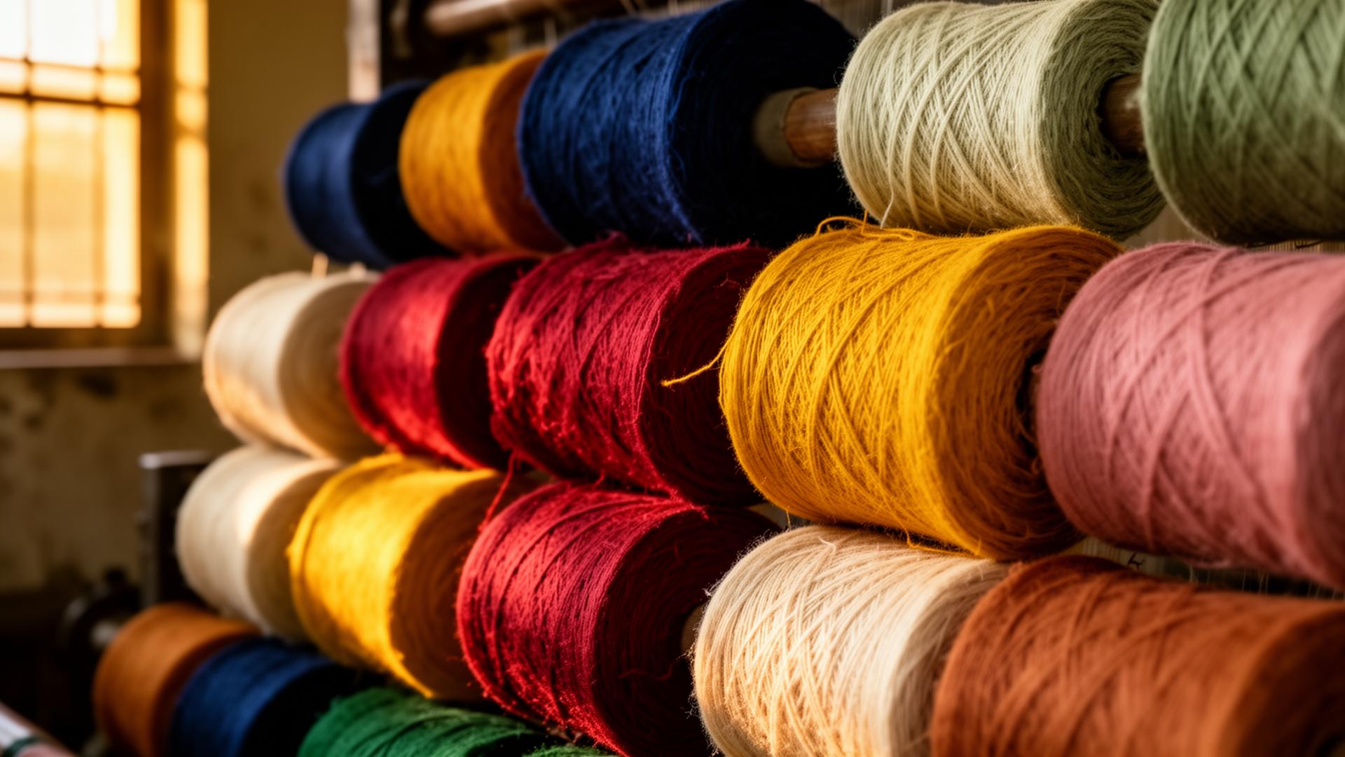 Dyed cotton yarn cones in a Panipat weaving workshop